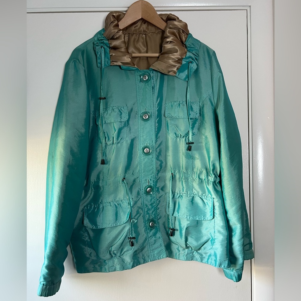 UBU Reversible Lightweight Jacket Handmade Teal Aqua Blue Champagne Size Large